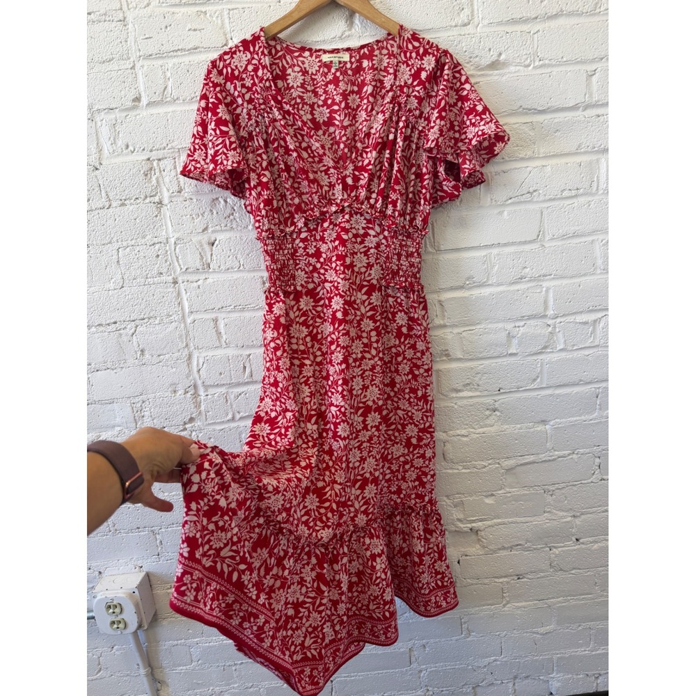 Boho Floral Midi Dress Womens L Cottagecore Smocked Waist Flowy Romantic Coastal